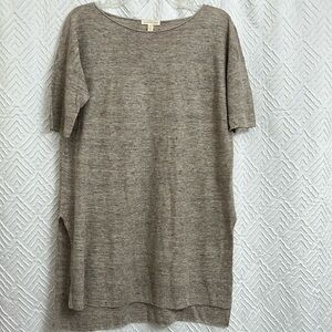 Eileen Fisher 100% Linen Tan Split Hem Tunic Short Sleeve Size Small‎